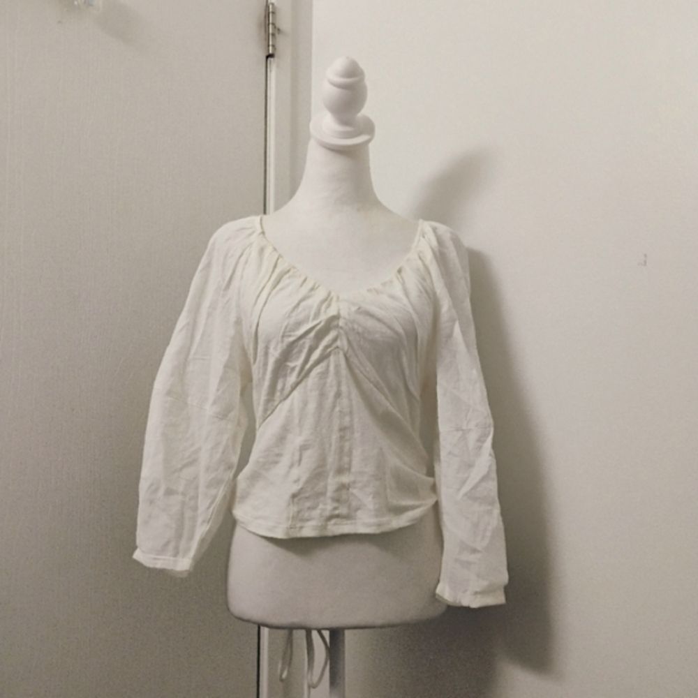 Anthropologie V Neck Cropped Sleeve Cotton White Top Sz S